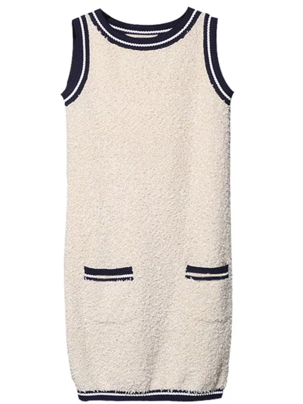 Chanel Style Sleeveless Bouclé Shift Dress in Cream with Black Trim